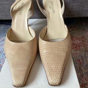 Pancaldi size 10B, ivory cream skin sling back, 3”heel